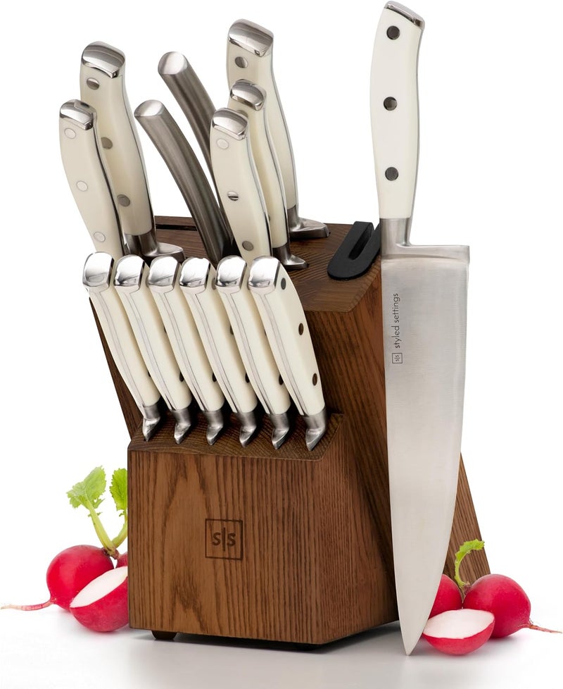styled settings White Knife Set with Block – 14-Piece Forged Stainless Steel Knives with Triple Rivet Handles, Heavy-Duty Kitchen Shears, and Self-Sharpening Knife Block – Durable White Kitchen Accessories - Image 1